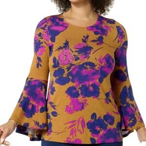 IMAN Global Chic Flounce Sleeve Top Mustard Yellow Purple Pink Floral Size 2X